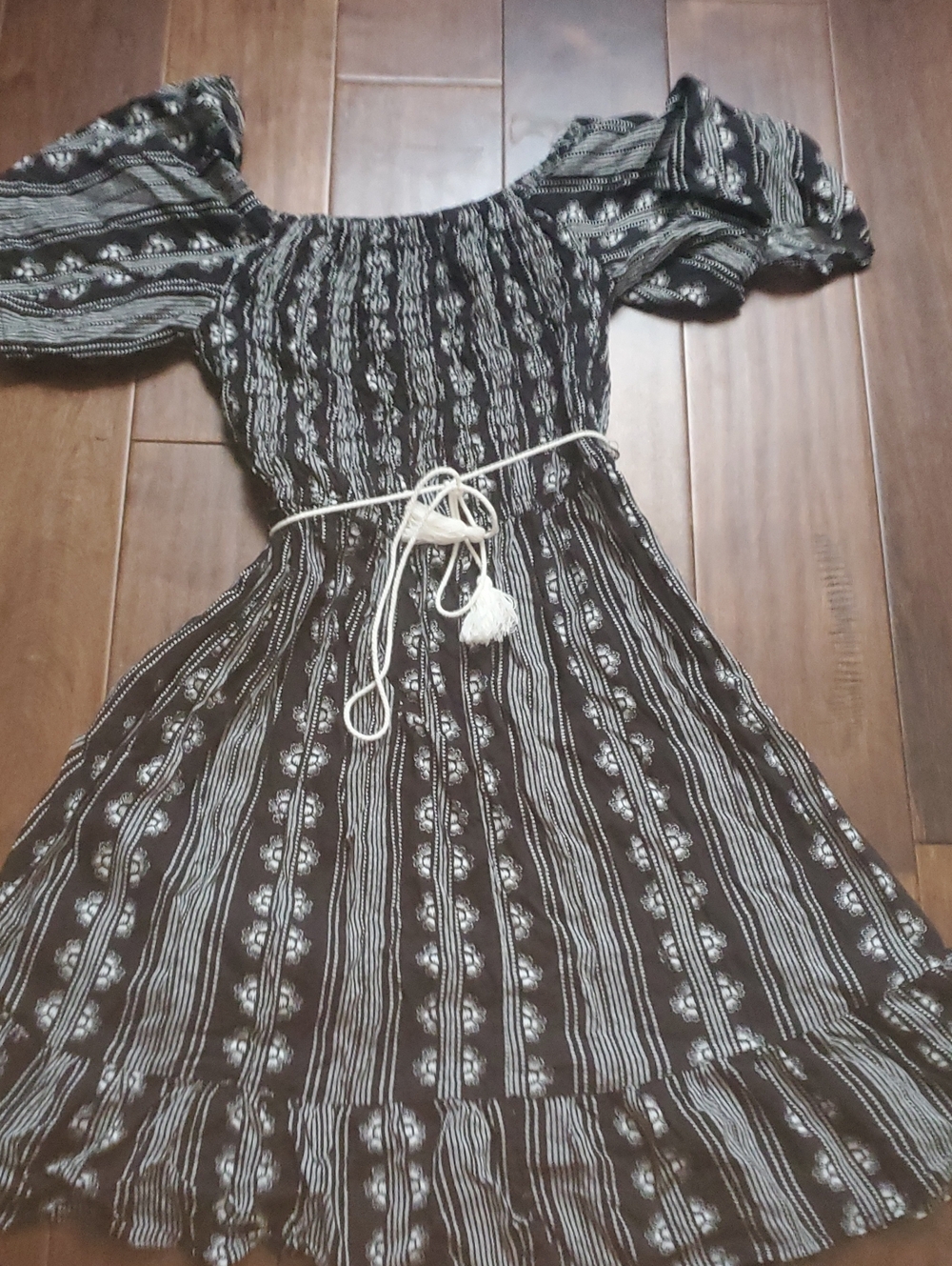 Black & White Smocked Boho Dress with Tassel Belt Size Small
